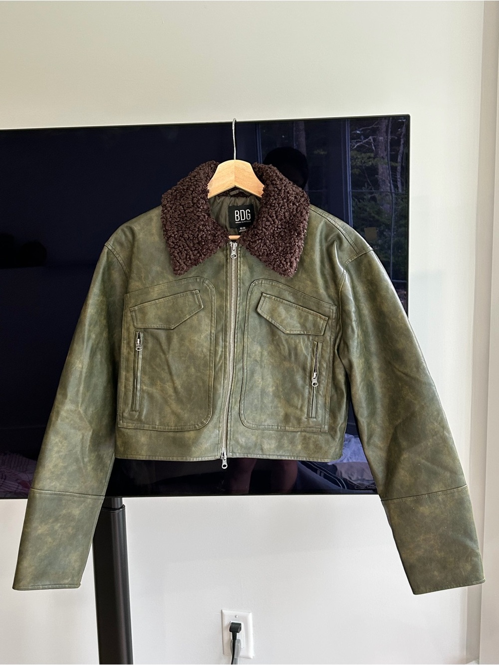BDG Olive Leather Zip Jacket with Brown Shearling Collar